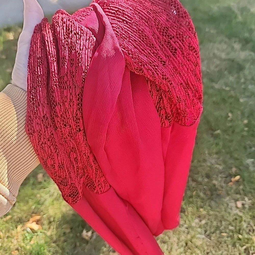 Roz & Ali Maroon Red Lace Women Top Size Large Bell Sleeve Fairy Whimsical Flowy - Picture 14 of 14